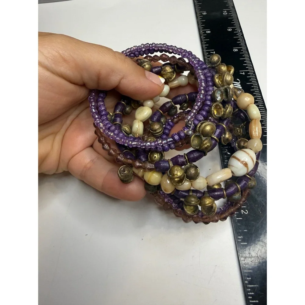 Boho Multi Strand Stretch Bracelet Purple Beads Brass Bells Stackable Set